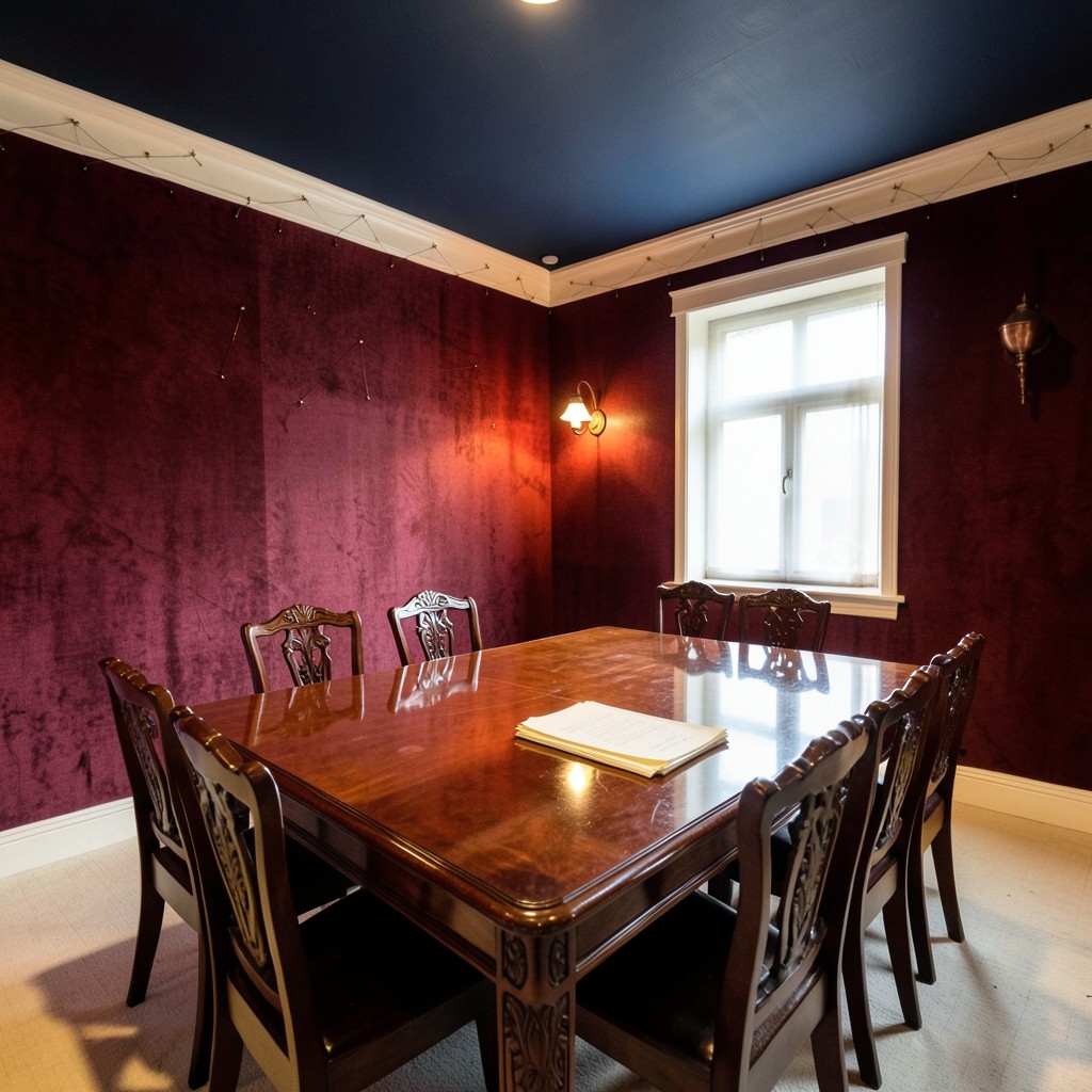 Empty workshop room with dark lacquered chairs, burgundy velvet walls, and a copper lamp