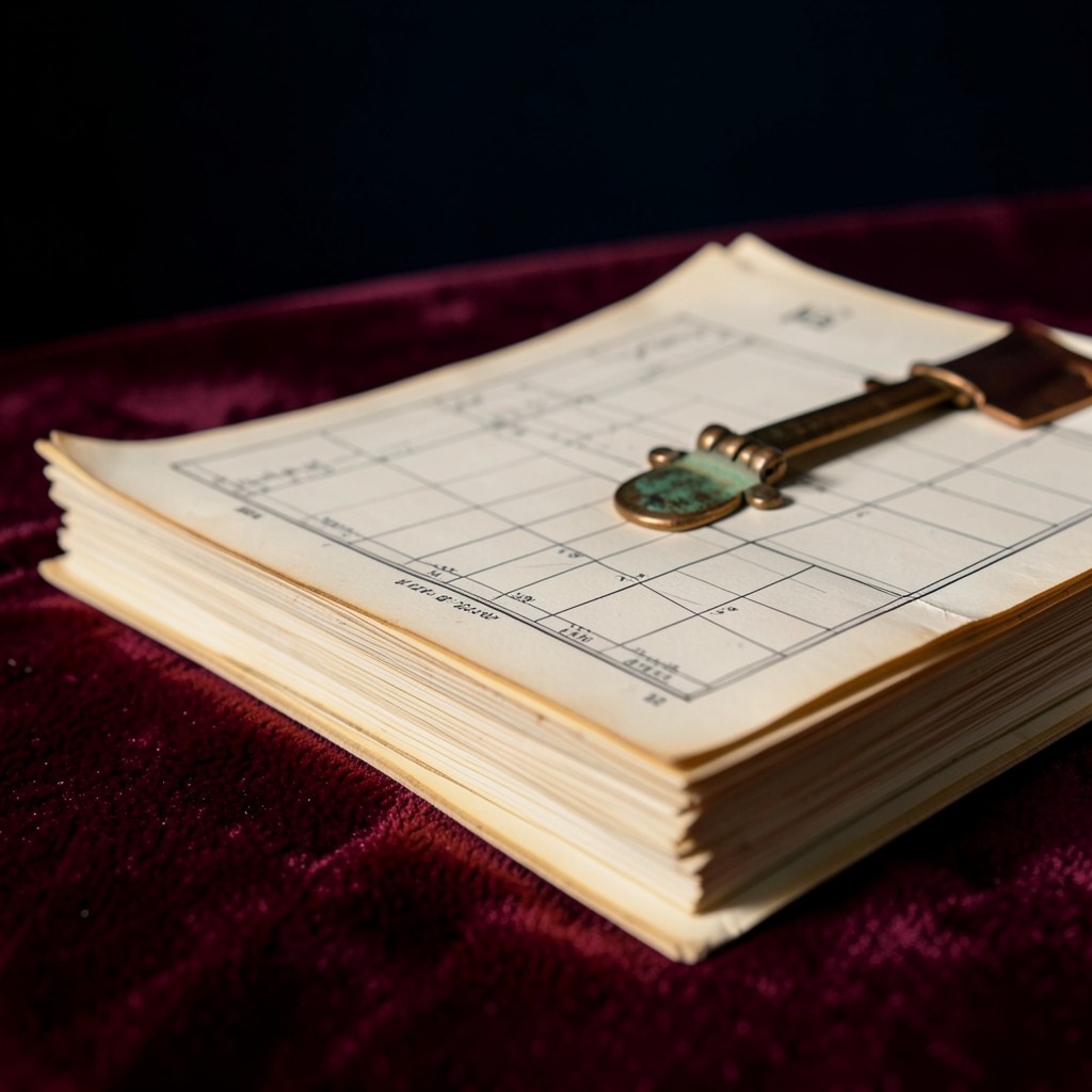 A stack of aged printed chart sheets clipped with a copper clip on burgundy cloth