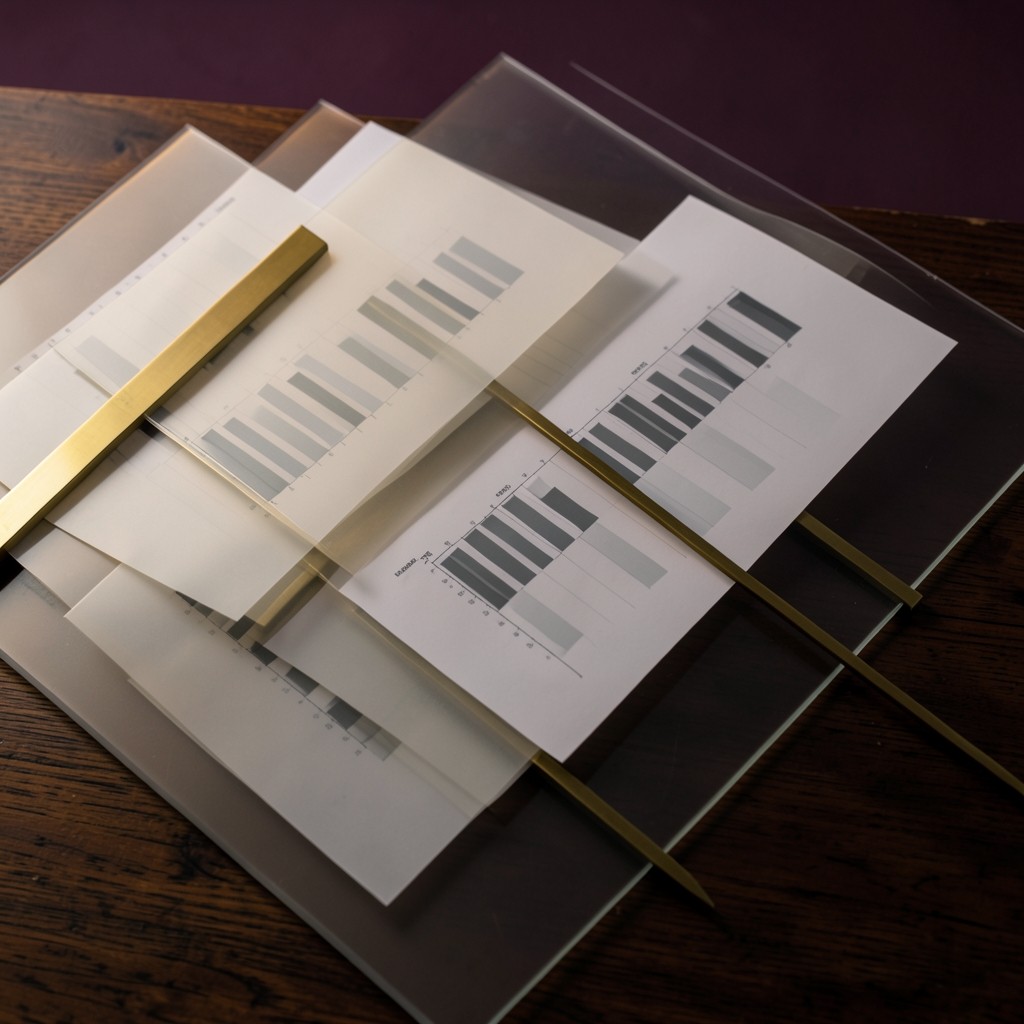 Printed chart pages with tall and short volume columns beside price bars on a lacquered desk