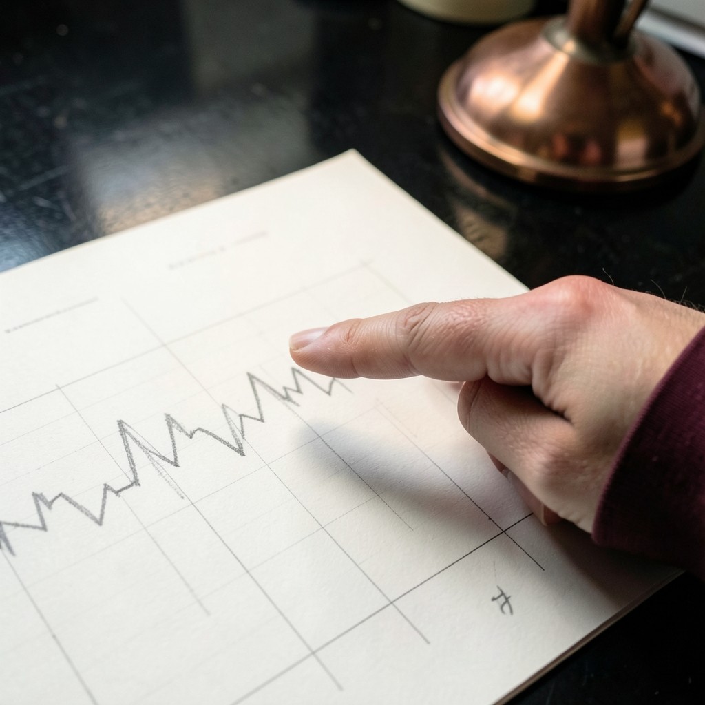 A finger pointing at a swing on a paper price chart under warm lamp light