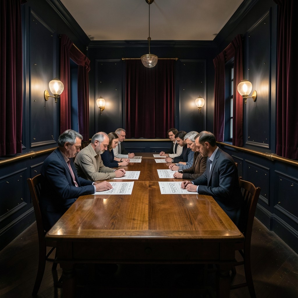 A long dark table in a velvet room where adults study printed price charts by copper light