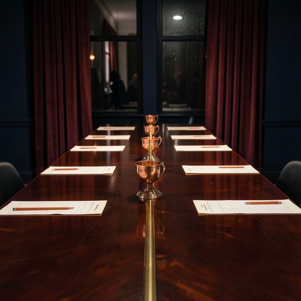 A long lacquered table set with printed chart sheets, pencils, and copper lamps in a velvet room