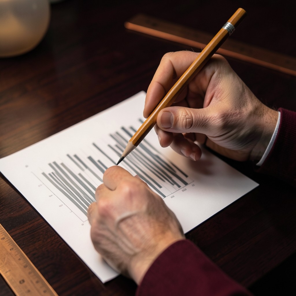 Close view of adult hands and a pencil over a printed bar chart on dark wood