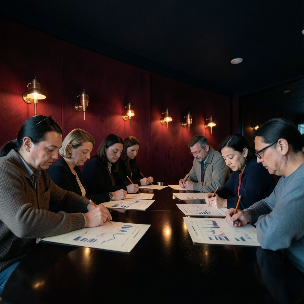 Adults seated along a dark wood table marking printed price charts under copper lamps
