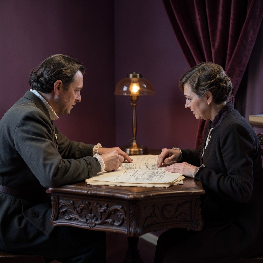 Two adults at a small dark desk with a stack of annotated chart pages and a copper lamp