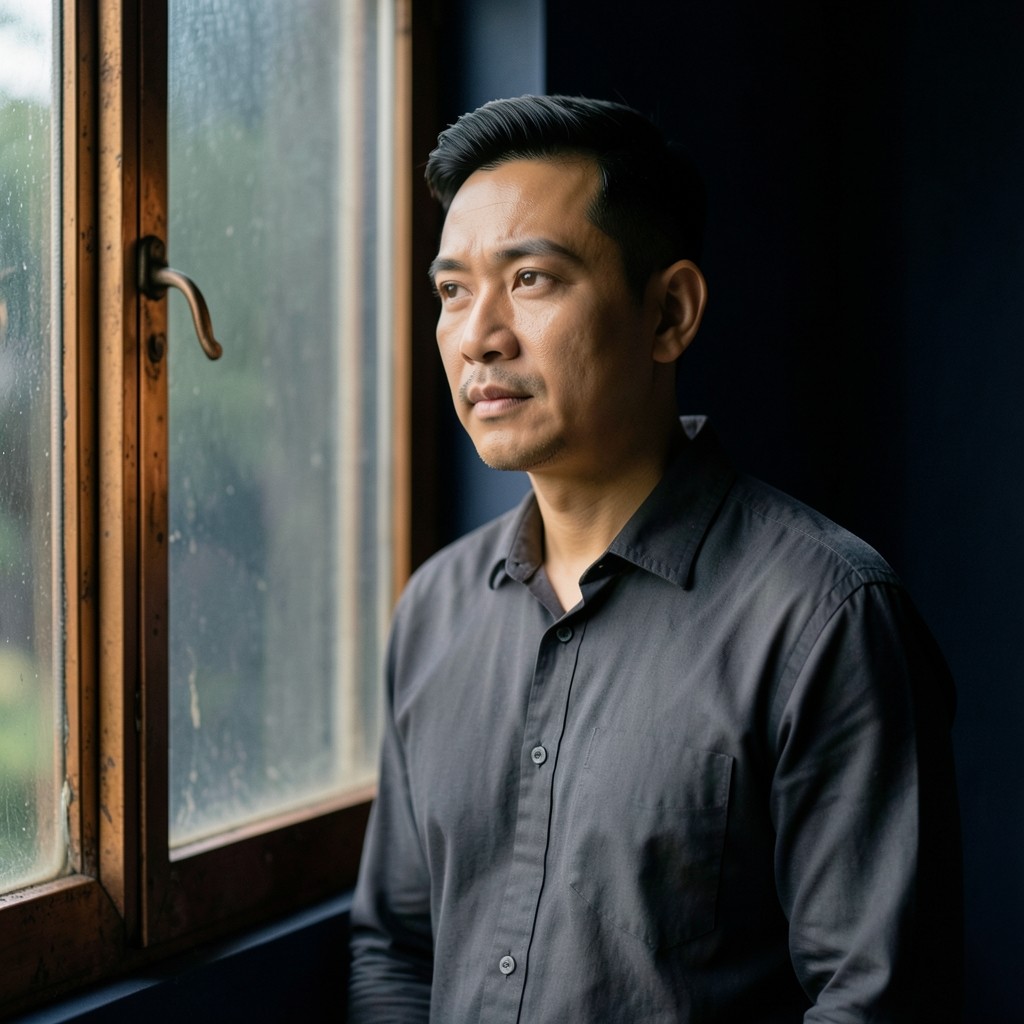 Portrait of Kittisak Boonmee standing near a smoked-glass window in a midnight-navy room