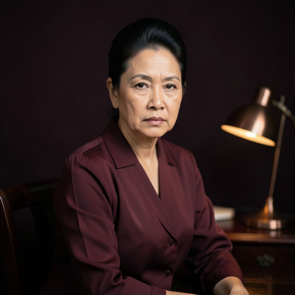 Portrait of Malai Chanthara seated beside a dark wood desk in a plum-coloured room